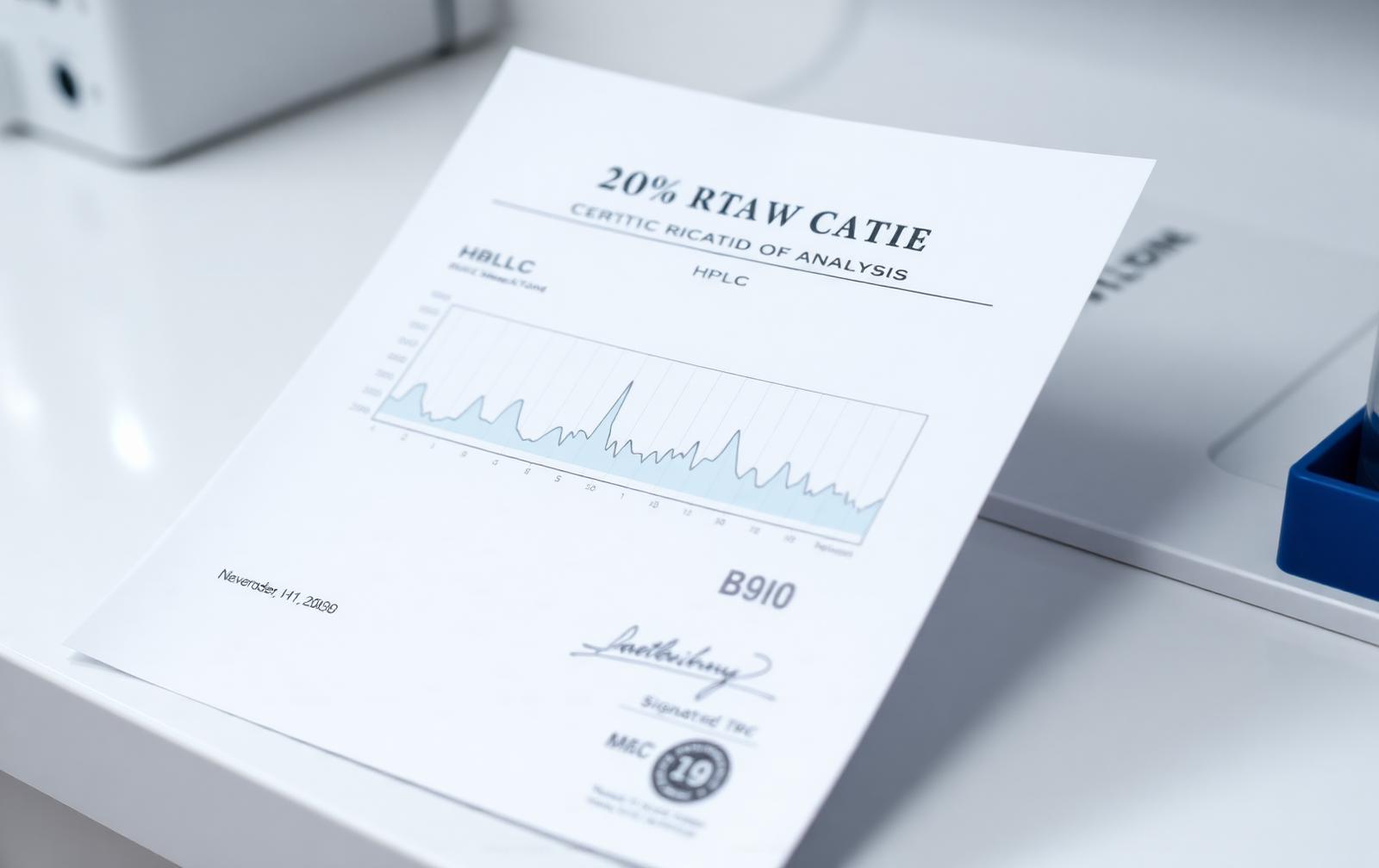 Certificate of Analysis mit HPLC-Chromatogramm auf Laborbank
